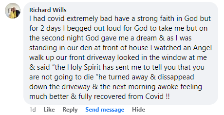 Miracle testimony comment from a Facebook page.
