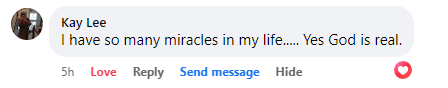 Miracle testimony comment from a Facebook page.
