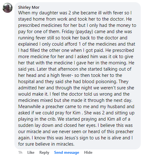 Facebook comment section miracle story shared in January 2025.